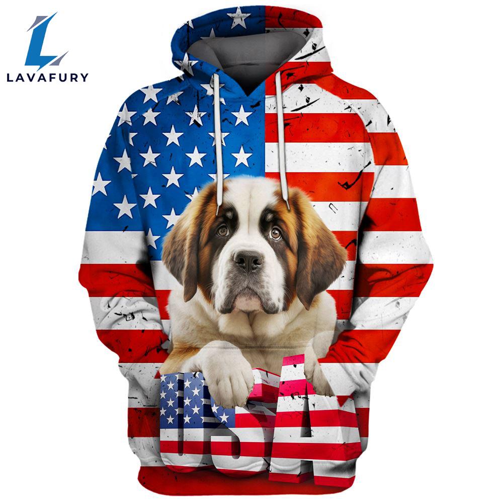 Saint Bernard Dog 3D Face Graphic Premium America Flag Hoodie For Lover Dogs