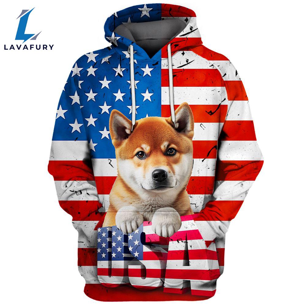 Shiba Inu Dog 3D Face Graphic Premium America Flag Hoodie For Lover Dogs