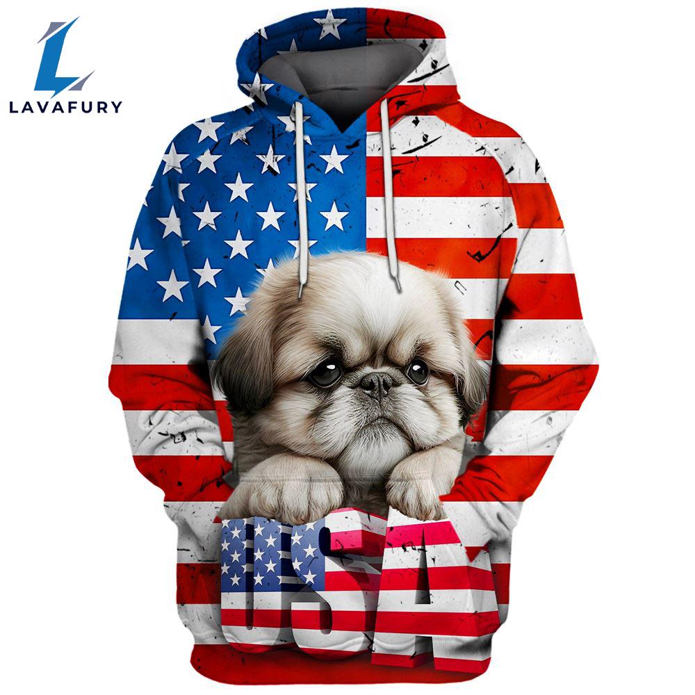 Shih Tzu Dog 3D Face Graphic Premium America Flag Hoodie For Lover Dogs