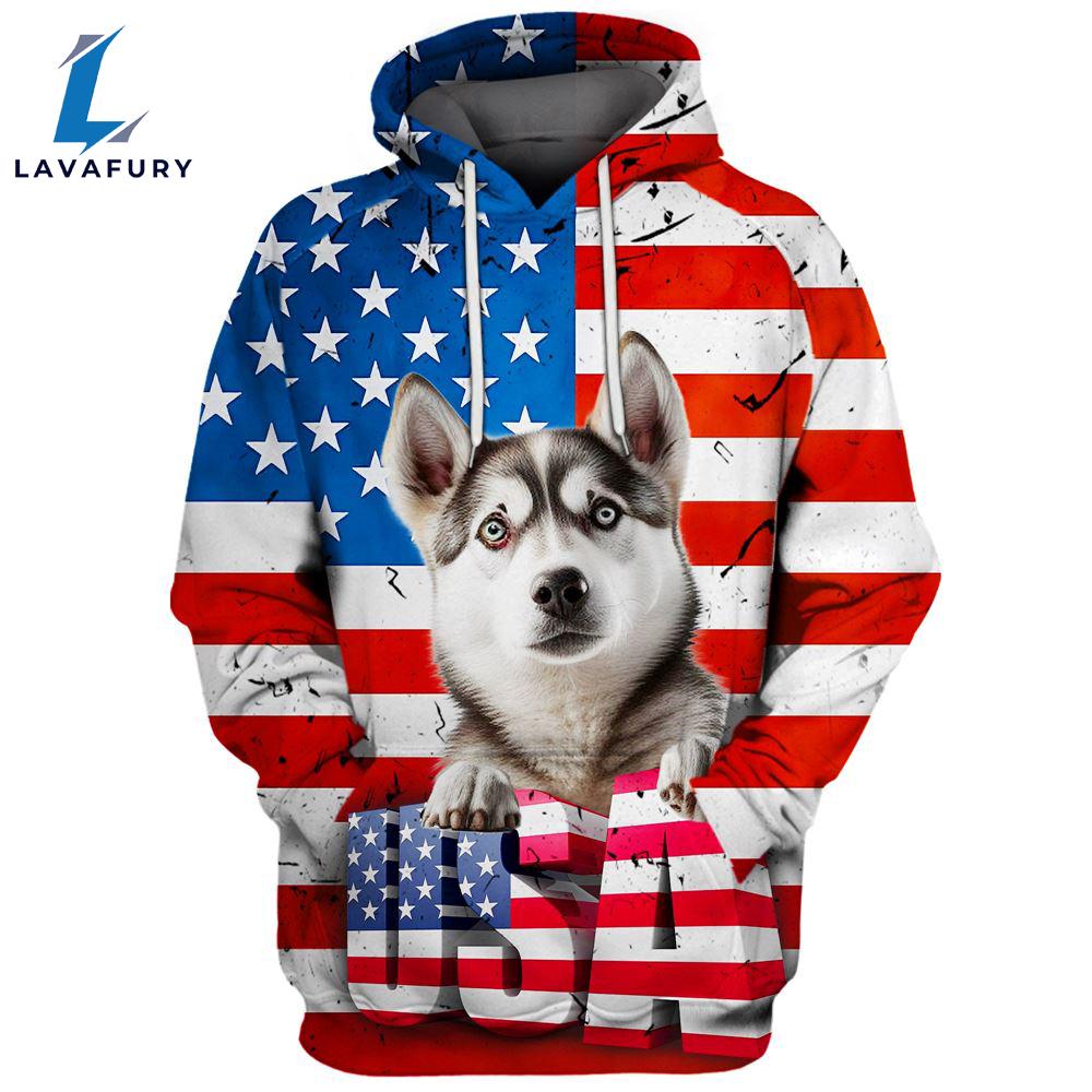 Siberian Husky Dog 3D Face Graphic Premium America Flag Hoodie For Lover Dogs