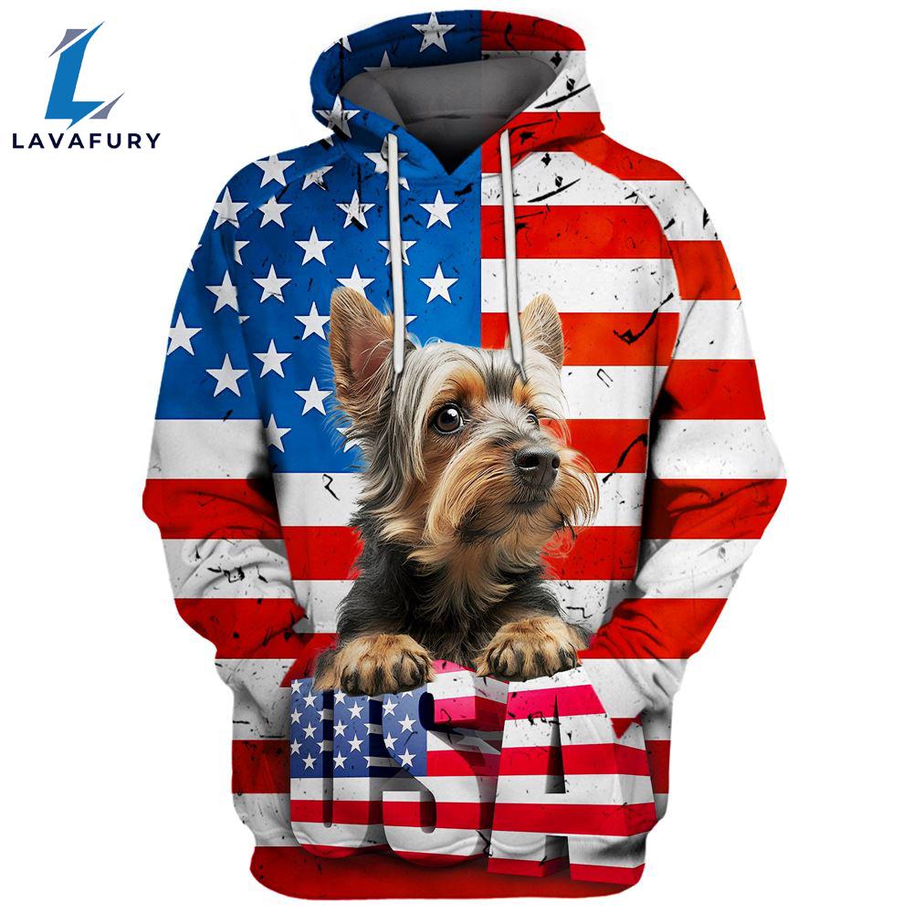 Silky Terrier Dog 3D Face Graphic Premium America Flag Hoodie For Lover Dogs