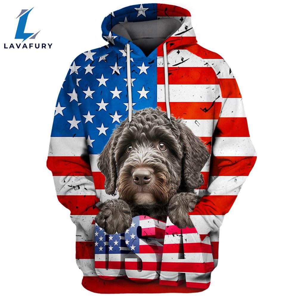 Spanish Water Dog 3D Face Graphic Premium America Flag Hoodie For Lover Dogs