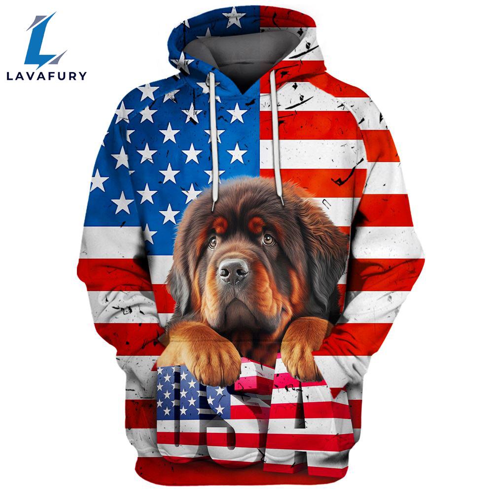 Tibetan Mastiff Dog 3D Face Graphic Premium America Flag Hoodie For Lover Dogs