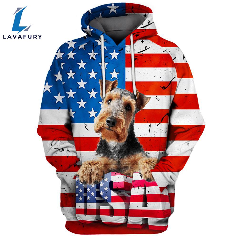 Welsh Terrier Dog 3D Face Graphic Premium America Flag Hoodie For Lover Dogs